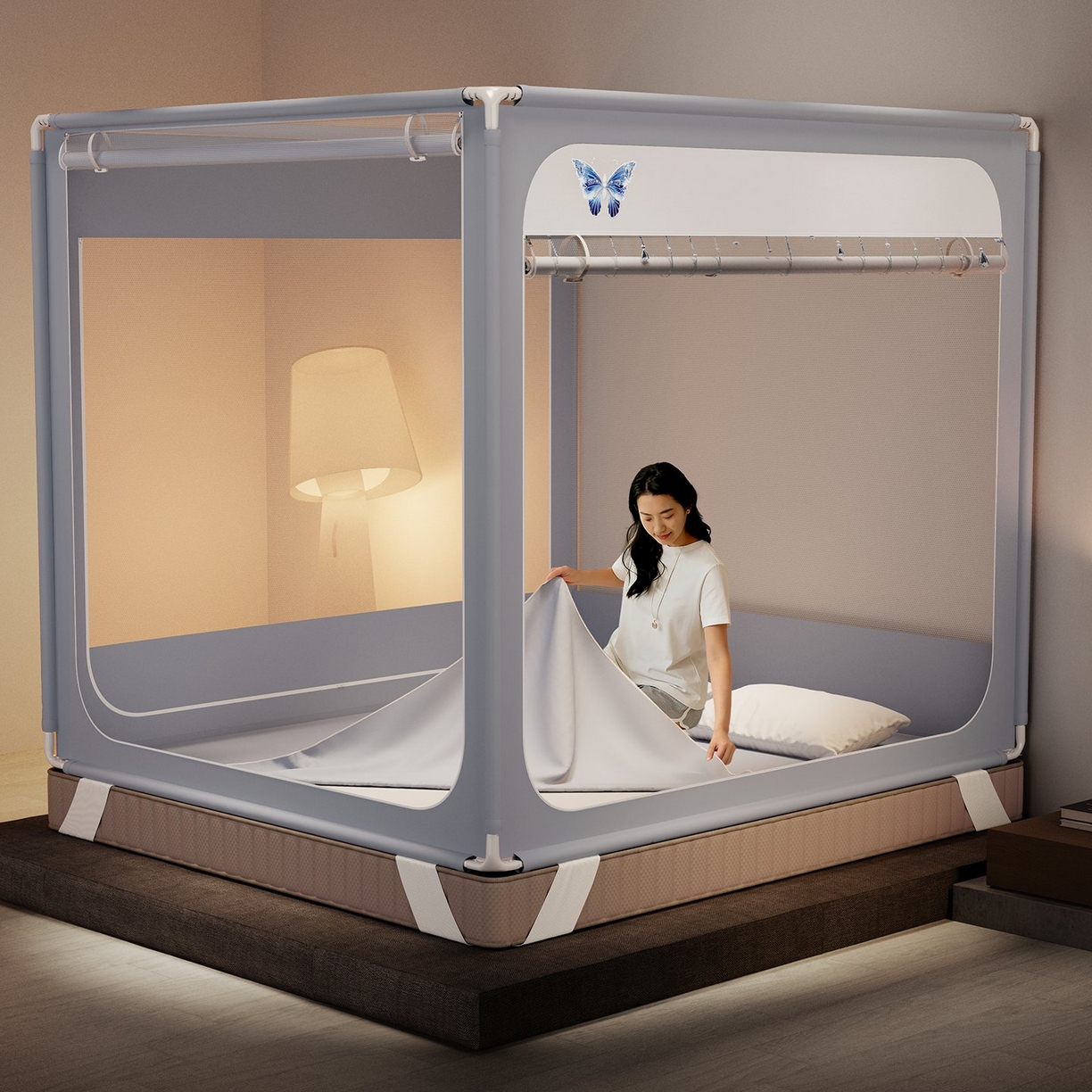 91家纺网 家纺一手货源 找家纺 （总）星际优品 2026新款坐床蚊帐可拆卸全棉底加厚双股双丝防猫抓帐纱-吊钻款