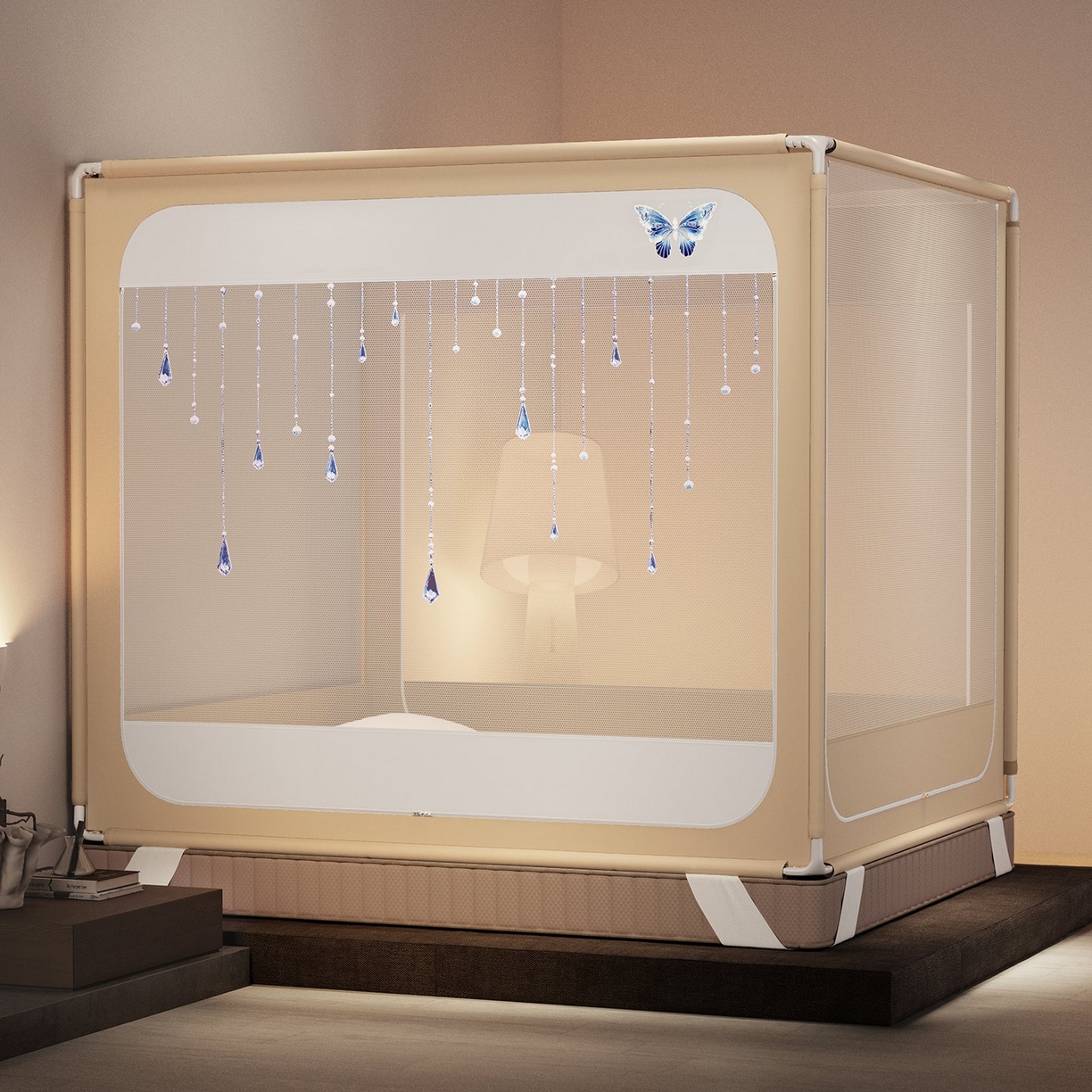 星际优品 2026新款坐床蚊帐可拆卸全棉底加厚双股双丝防猫抓帐纱-吊钻款 吊钻款-暖黄