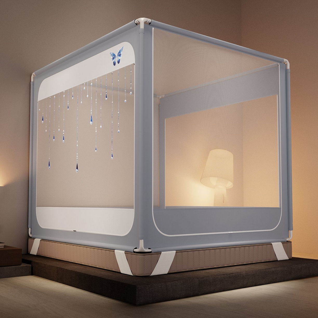 91家纺网 家纺一手货源 找家纺 星际优品 2026新款坐床蚊帐可拆卸全棉底加厚双股双丝防猫抓帐纱-吊钻款 吊钻款-灰蓝