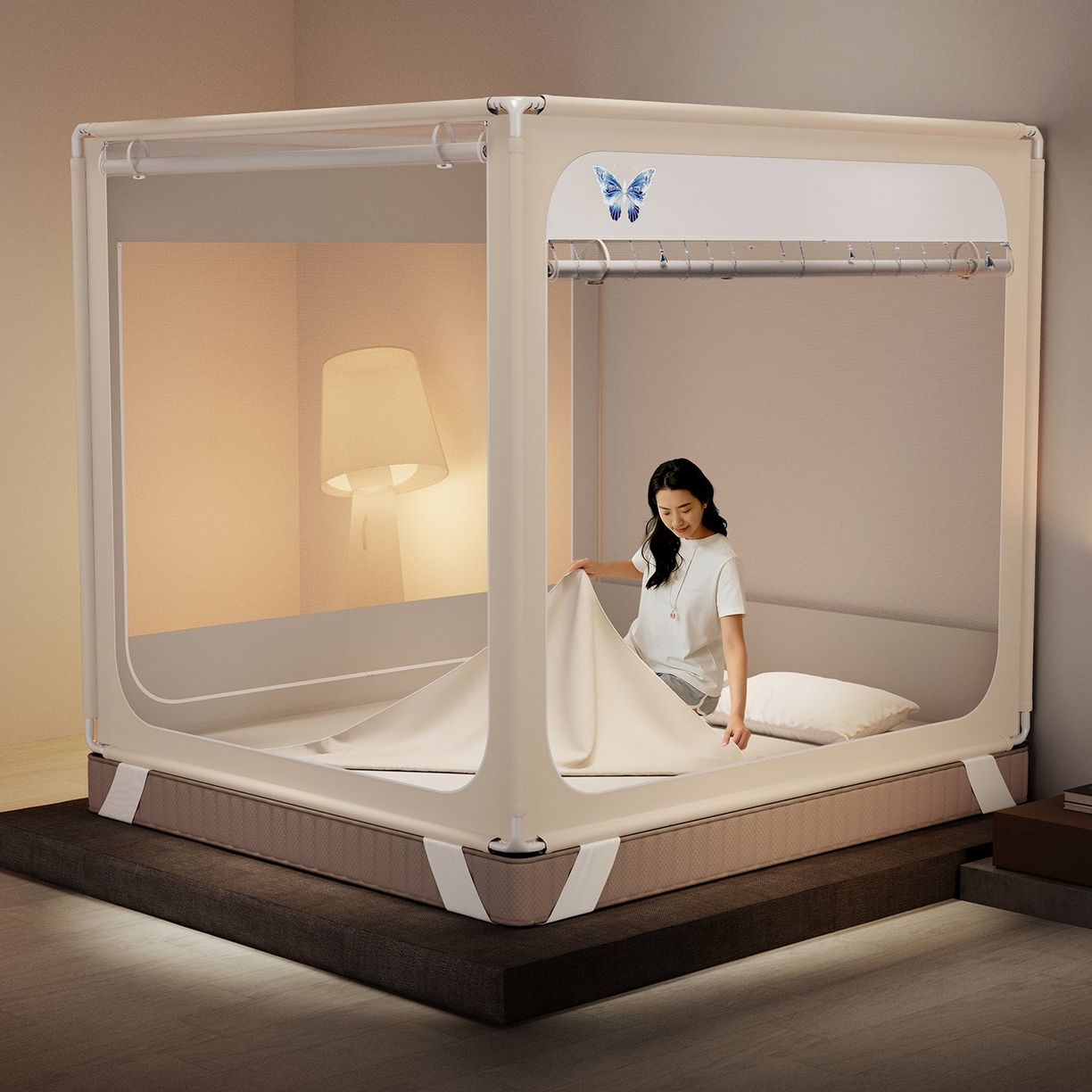 91家纺网 家纺一手货源 找家纺 星际优品 2026新款坐床蚊帐可拆卸全棉底加厚双股双丝防猫抓帐纱-吊钻款 吊钻款-米色