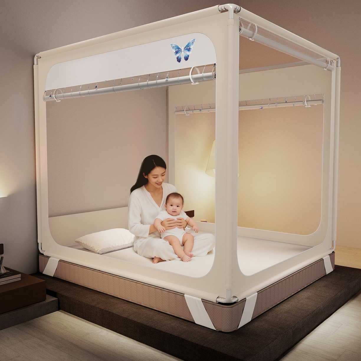 91家纺网 家纺一手货源 找家纺 星际优品 2026新款坐床蚊帐可拆卸全棉底加厚双股双丝防猫抓帐纱-吊钻款 吊钻款-米色