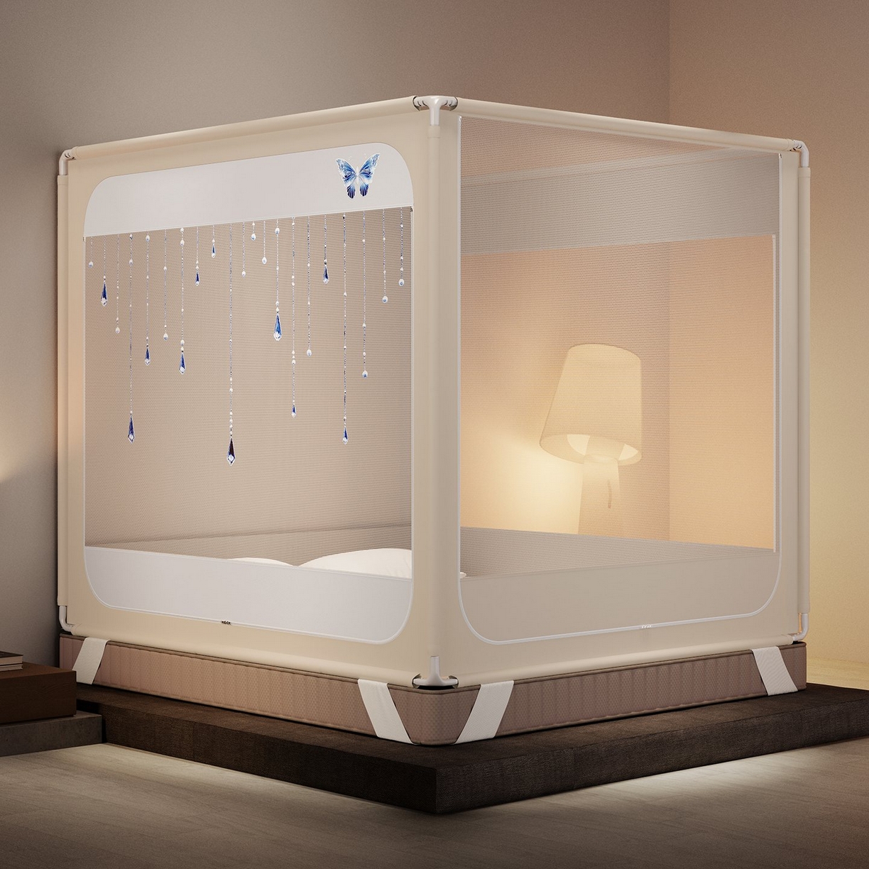 91家纺网 家纺一手货源 找家纺 星际优品 2026新款坐床蚊帐可拆卸全棉底加厚双股双丝防猫抓帐纱-吊钻款 吊钻款-米色