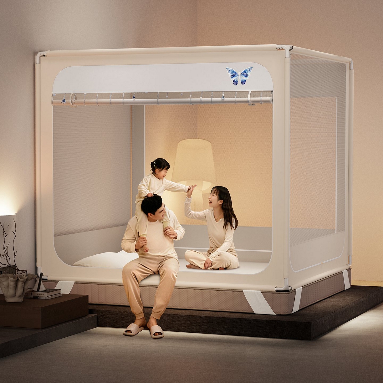 91家纺网 家纺一手货源 找家纺 星际优品 2026新款坐床蚊帐可拆卸全棉底加厚双股双丝防猫抓帐纱-吊钻款 吊钻款-米色