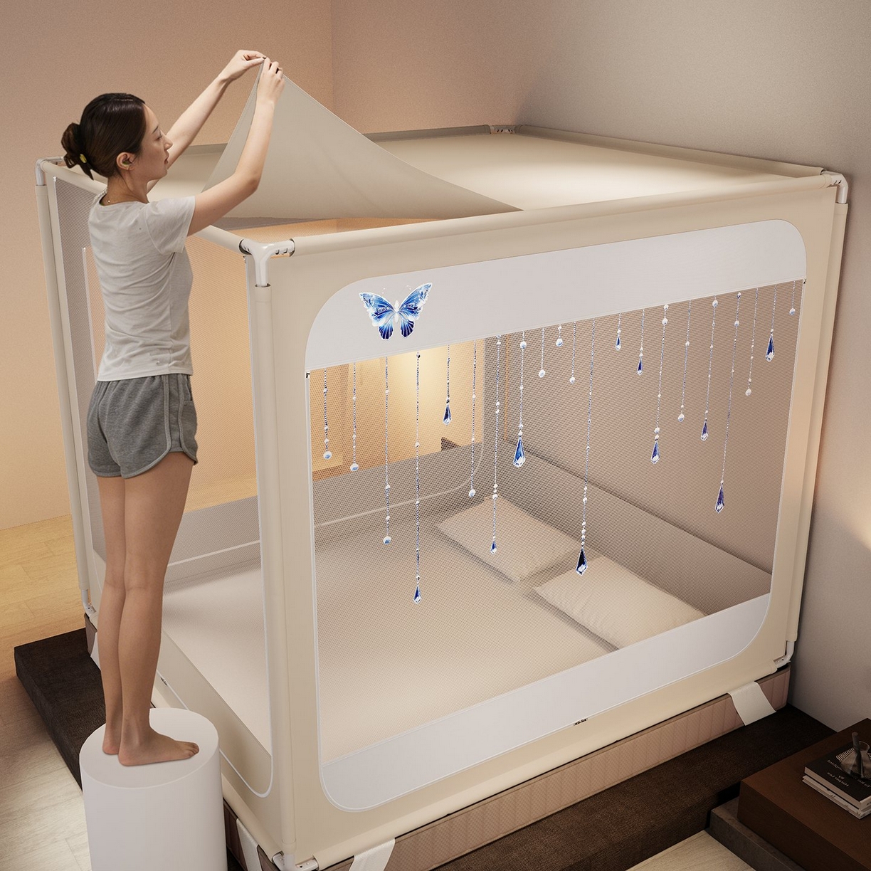 91家纺网 家纺一手货源 找家纺 星际优品 2026新款坐床蚊帐可拆卸全棉底加厚双股双丝防猫抓帐纱-吊钻款 吊钻款-米色