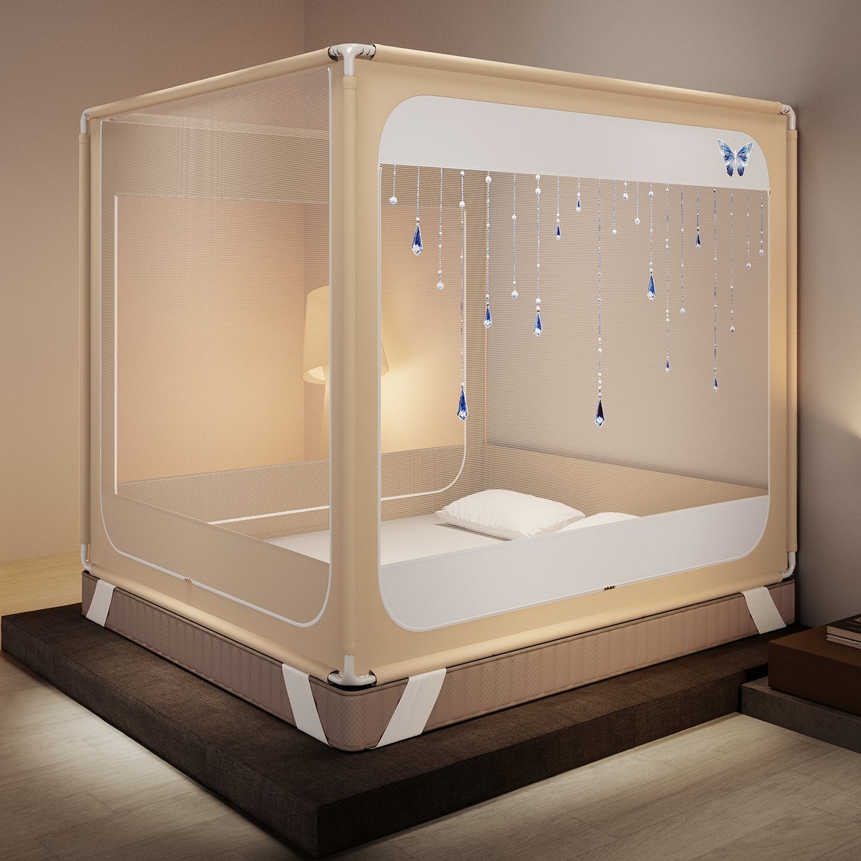 91家纺网 家纺一手货源 找家纺 星际优品 2026新款坐床蚊帐可拆卸全棉底加厚双股双丝防猫抓帐纱-吊钻款 吊钻款-暖黄