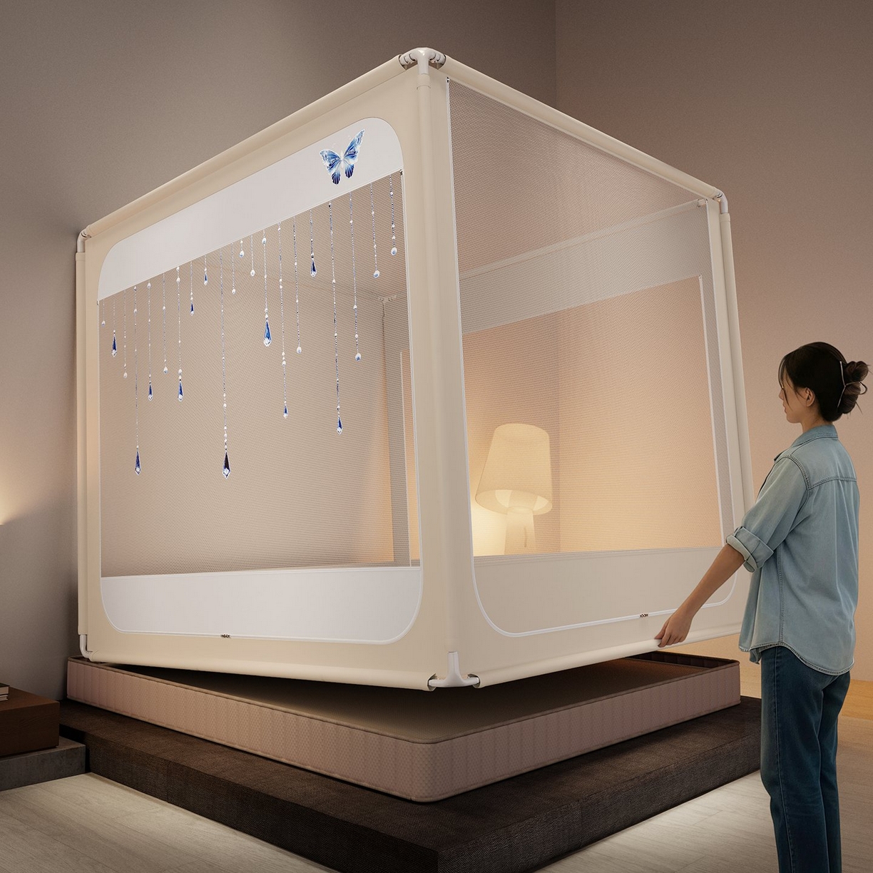 91家纺网 家纺一手货源 找家纺 星际优品 2026新款坐床蚊帐可拆卸全棉底加厚双股双丝防猫抓帐纱-吊钻款 吊钻款-米色