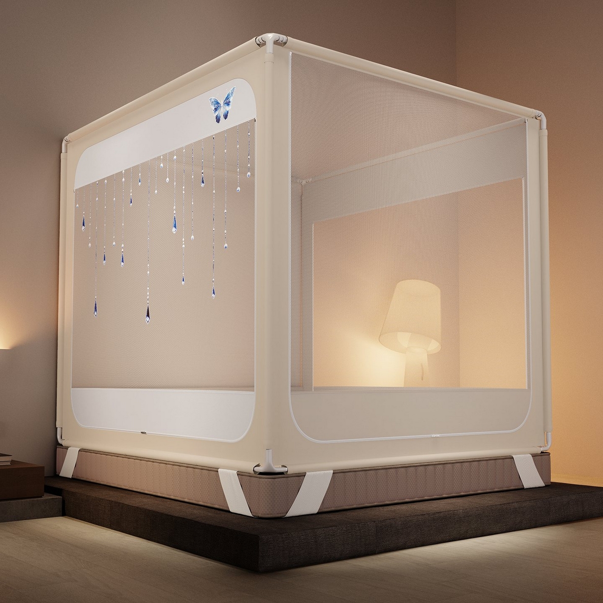 91家纺网 家纺一手货源 找家纺 星际优品 2026新款坐床蚊帐可拆卸全棉底加厚双股双丝防猫抓帐纱-吊钻款 吊钻款-米色