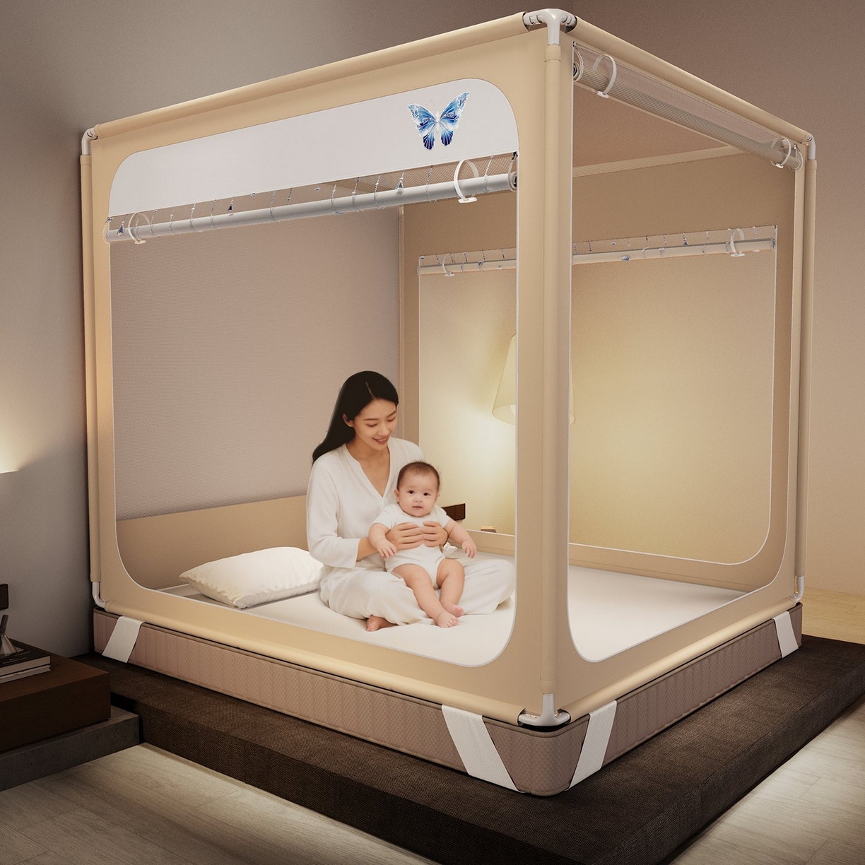 91家纺网 家纺一手货源 找家纺 星际优品 2026新款坐床蚊帐可拆卸全棉底加厚双股双丝防猫抓帐纱-吊钻款 吊钻款-暖黄