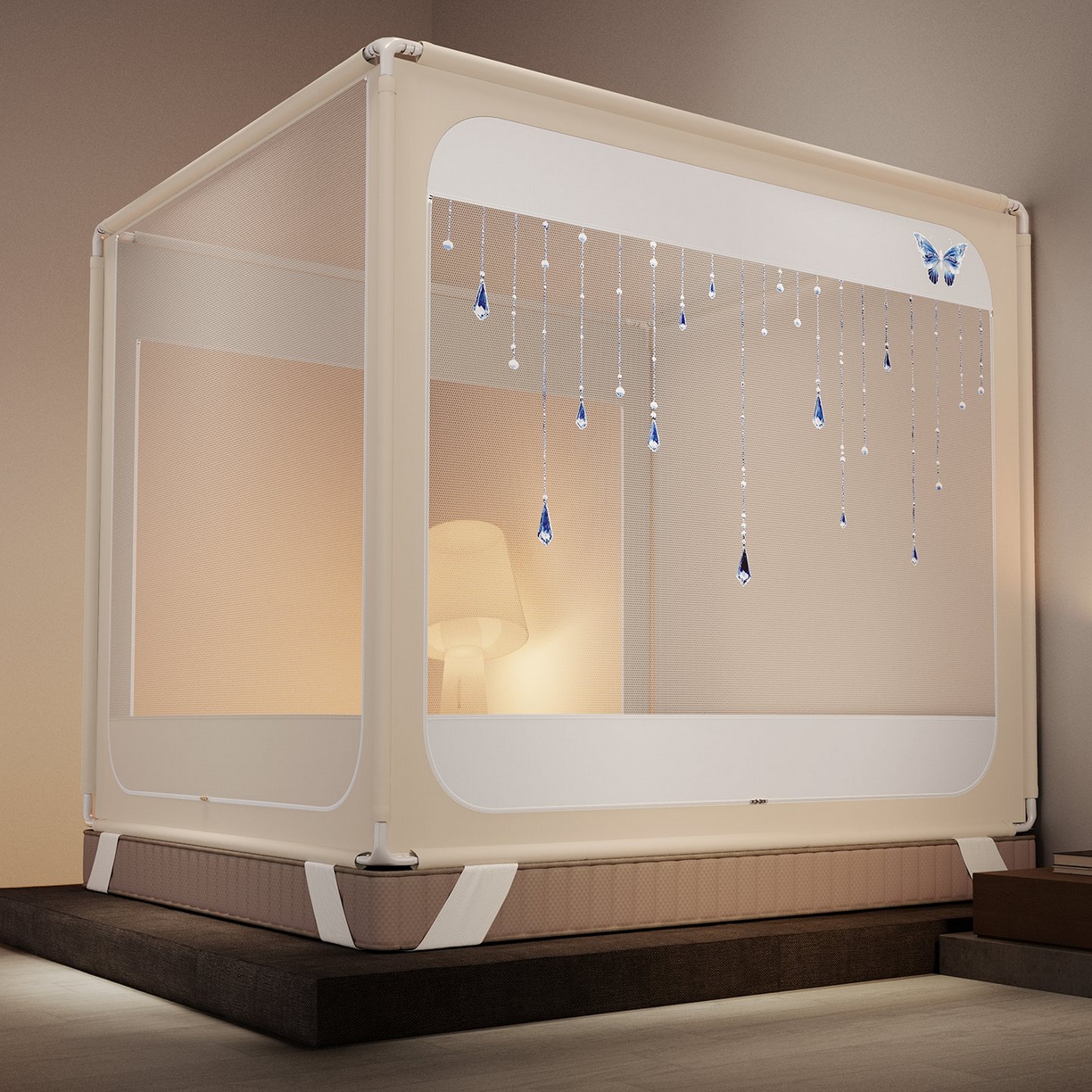 91家纺网 家纺一手货源 找家纺 星际优品 2026新款坐床蚊帐可拆卸全棉底加厚双股双丝防猫抓帐纱-吊钻款 吊钻款-米色