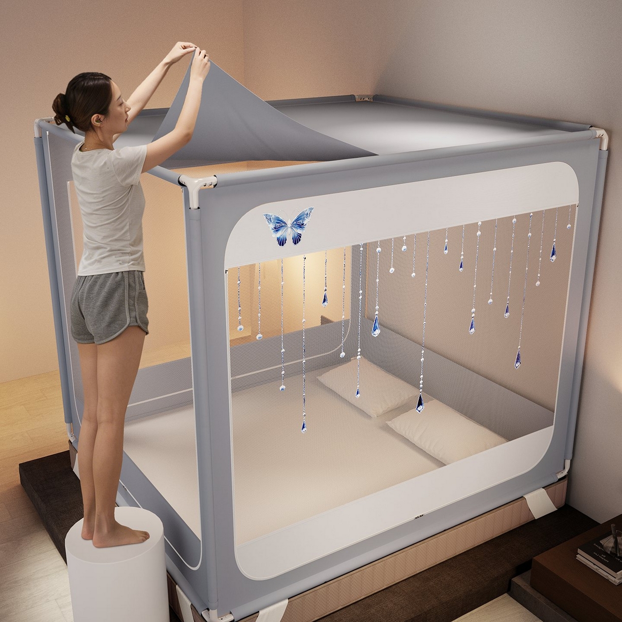 91家纺网 家纺一手货源 找家纺 星际优品 2026新款坐床蚊帐可拆卸全棉底加厚双股双丝防猫抓帐纱-吊钻款 吊钻款-灰蓝