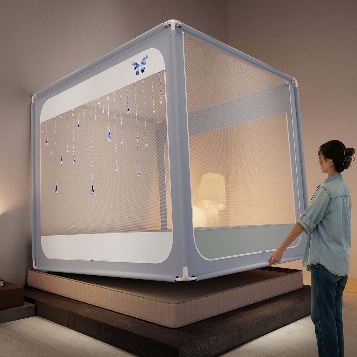 91家纺网 家纺一手货源 找家纺 星际优品 2026新款坐床蚊帐可拆卸全棉底加厚双股双丝防猫抓帐纱-吊钻款 吊钻款-灰蓝