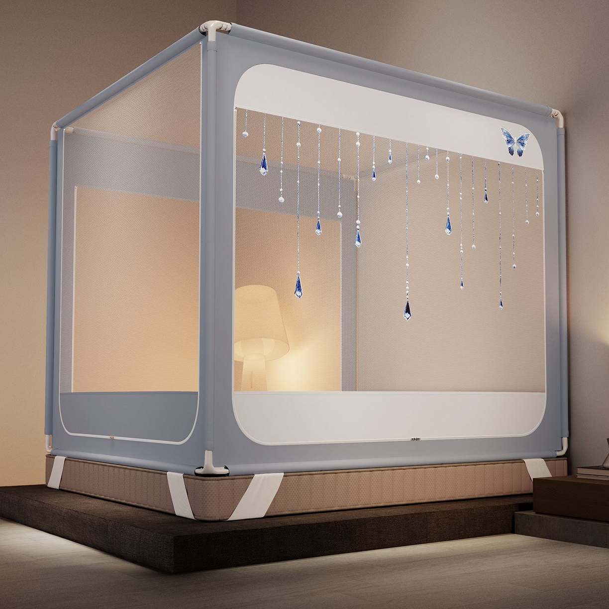 91家纺网 家纺一手货源 找家纺 星际优品 2026新款坐床蚊帐可拆卸全棉底加厚双股双丝防猫抓帐纱-吊钻款 吊钻款-灰蓝