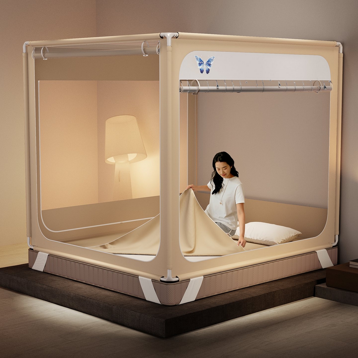 91家纺网 家纺一手货源 找家纺 星际优品 2026新款坐床蚊帐可拆卸全棉底加厚双股双丝防猫抓帐纱-吊钻款 吊钻款-暖黄