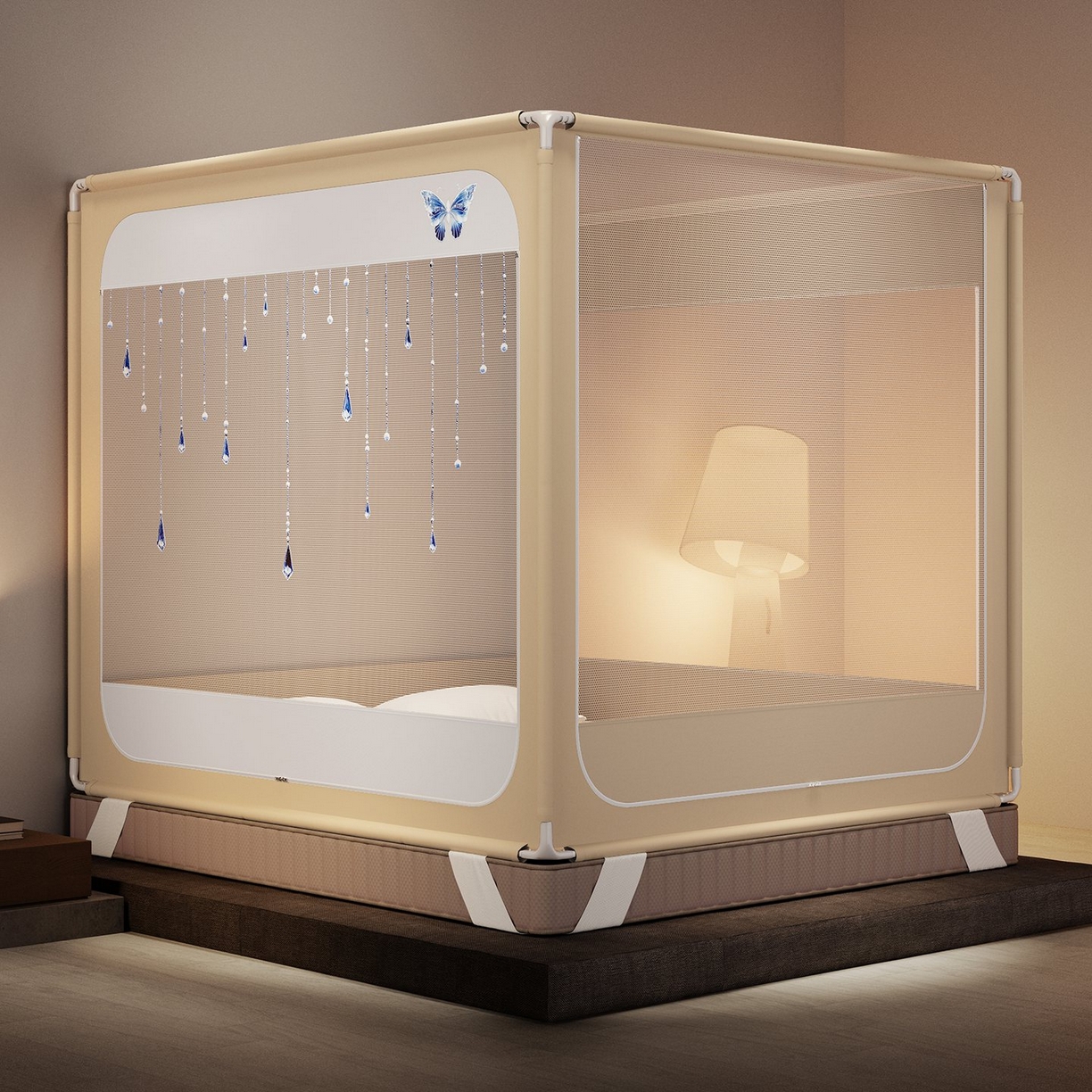 91家纺网 家纺一手货源 找家纺 星际优品 2026新款坐床蚊帐可拆卸全棉底加厚双股双丝防猫抓帐纱-吊钻款 吊钻款-暖黄