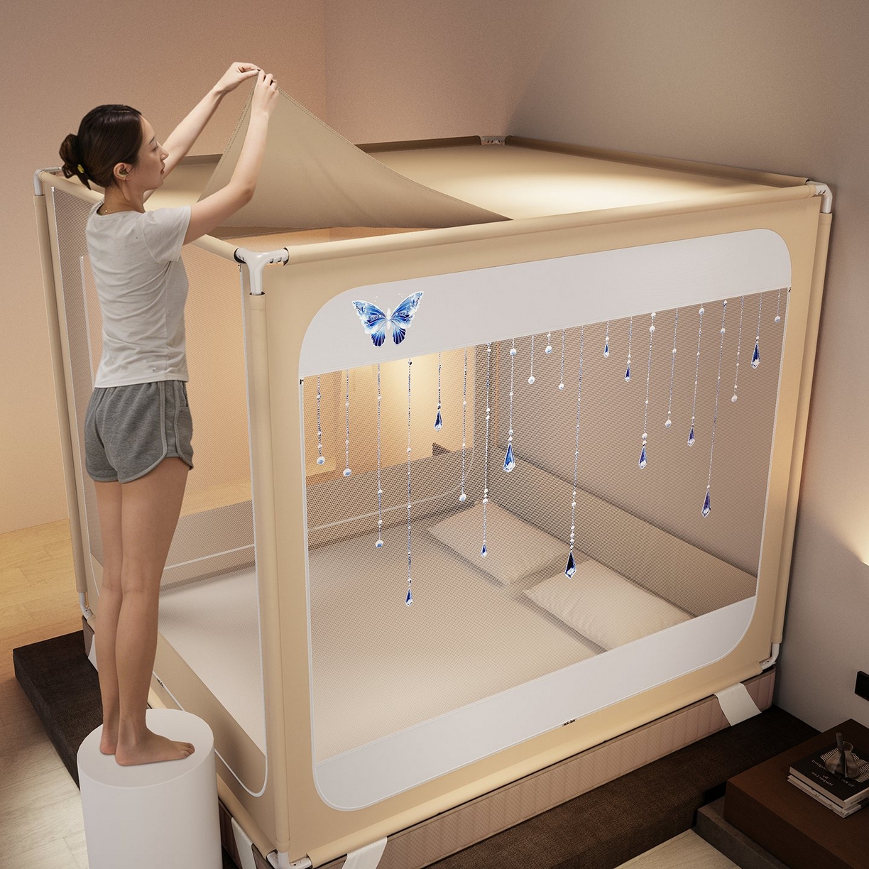 91家纺网 家纺一手货源 找家纺 星际优品 2026新款坐床蚊帐可拆卸全棉底加厚双股双丝防猫抓帐纱-吊钻款 吊钻款-暖黄