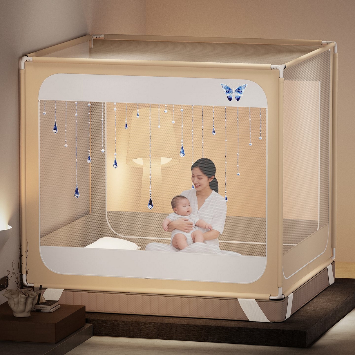 91家纺网 家纺一手货源 找家纺 星际优品 2026新款坐床蚊帐可拆卸全棉底加厚双股双丝防猫抓帐纱-吊钻款 吊钻款-暖黄