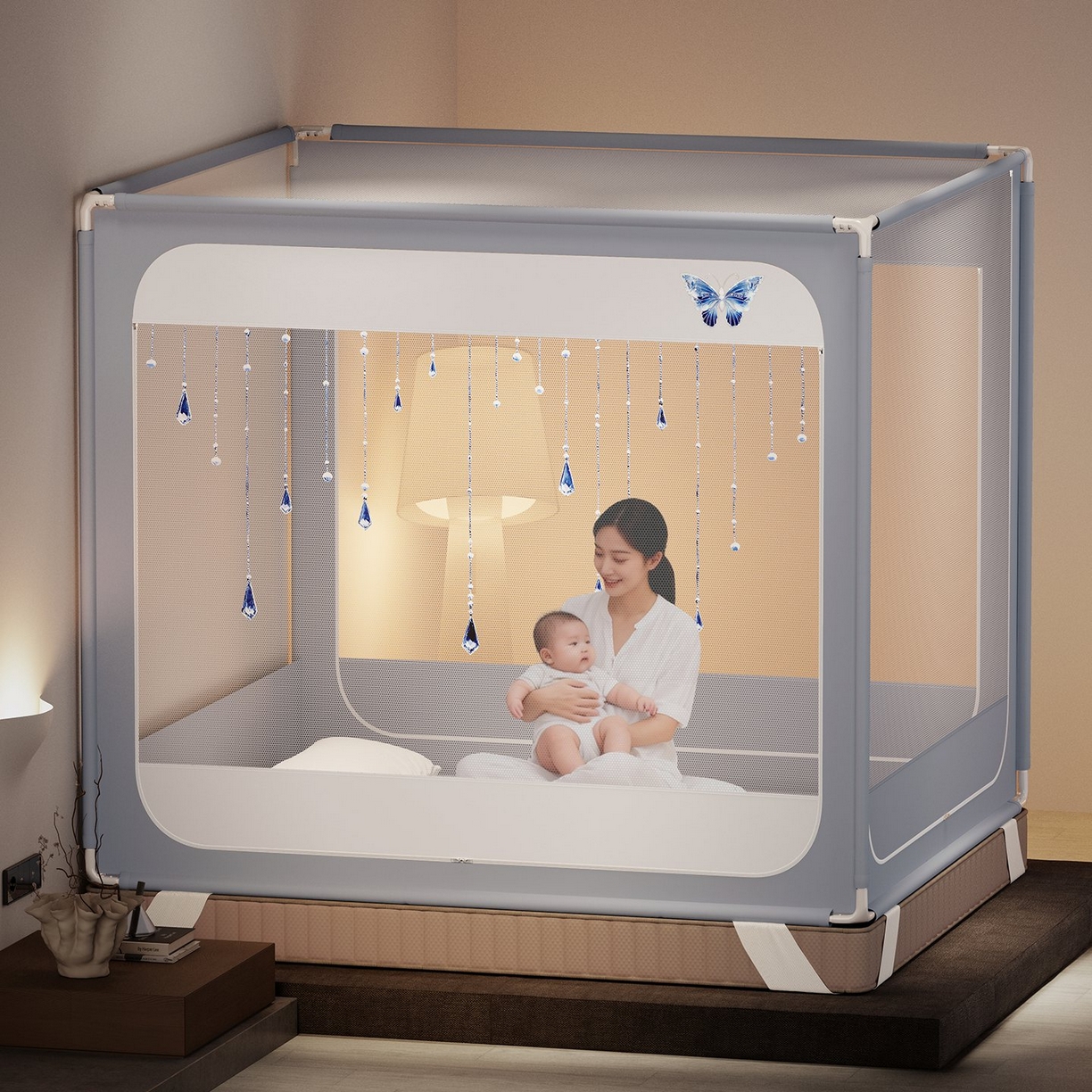 91家纺网 家纺一手货源 找家纺 星际优品 2026新款坐床蚊帐可拆卸全棉底加厚双股双丝防猫抓帐纱-吊钻款 吊钻款-灰蓝