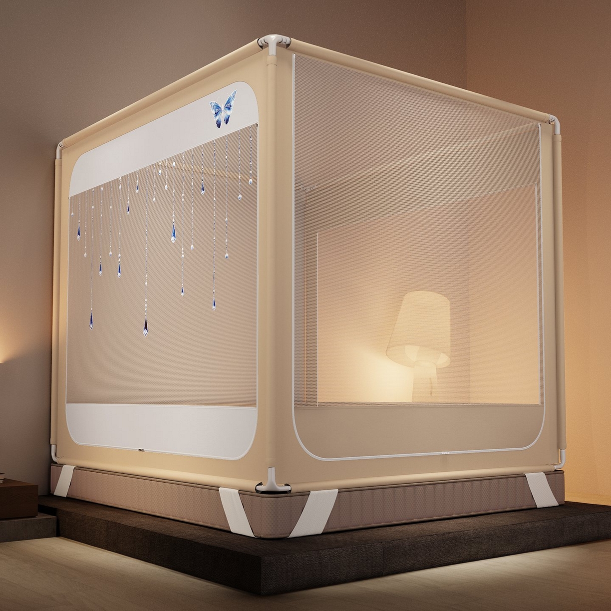 91家纺网 家纺一手货源 找家纺 星际优品 2026新款坐床蚊帐可拆卸全棉底加厚双股双丝防猫抓帐纱-吊钻款 吊钻款-暖黄