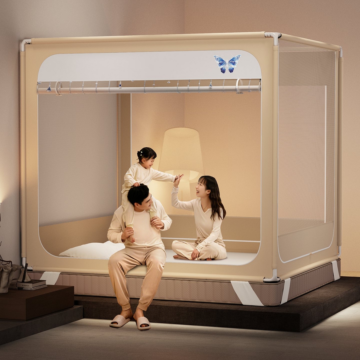 91家纺网 家纺一手货源 找家纺 星际优品 2026新款坐床蚊帐可拆卸全棉底加厚双股双丝防猫抓帐纱-吊钻款 吊钻款-暖黄