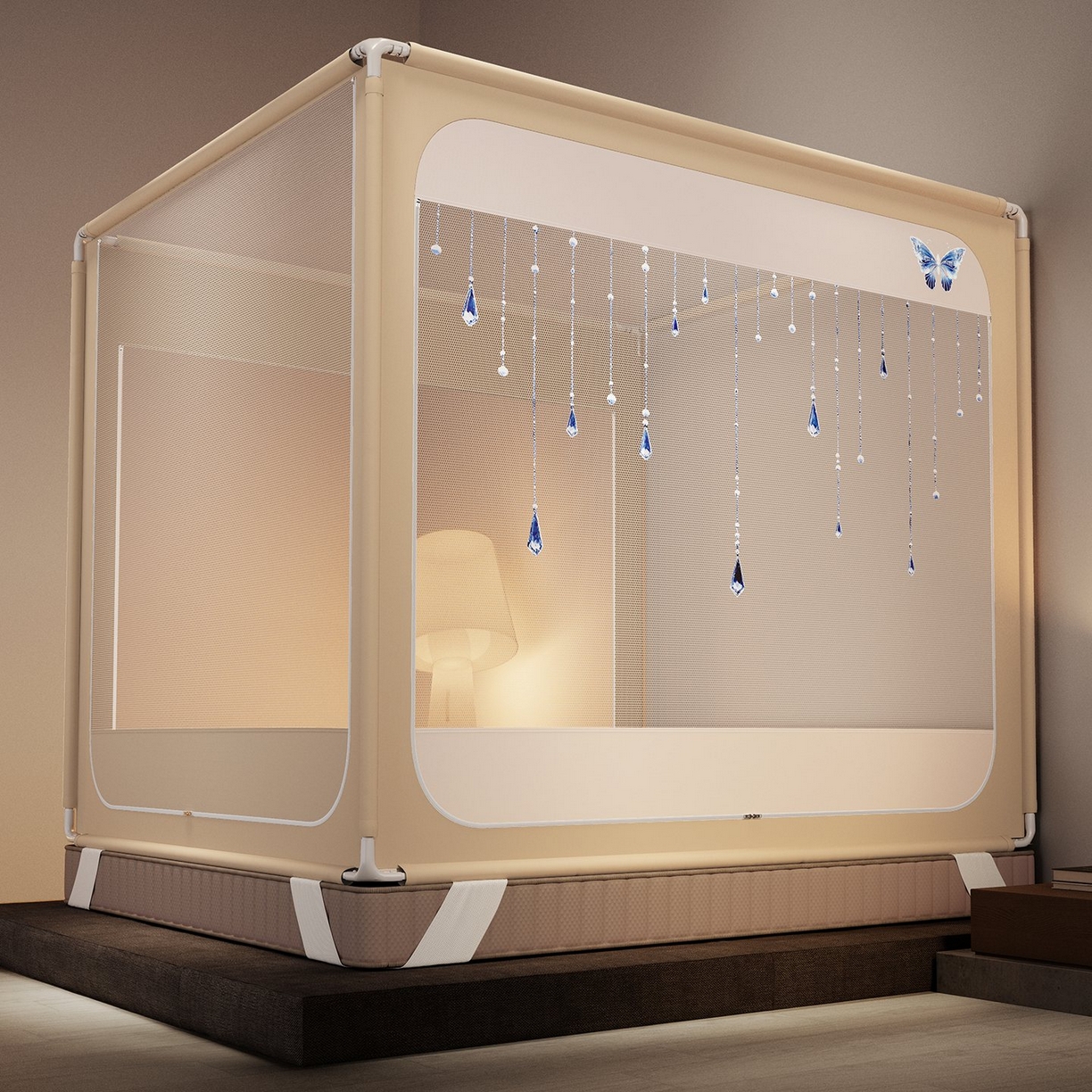 91家纺网 家纺一手货源 找家纺 星际优品 2026新款坐床蚊帐可拆卸全棉底加厚双股双丝防猫抓帐纱-吊钻款 吊钻款-暖黄