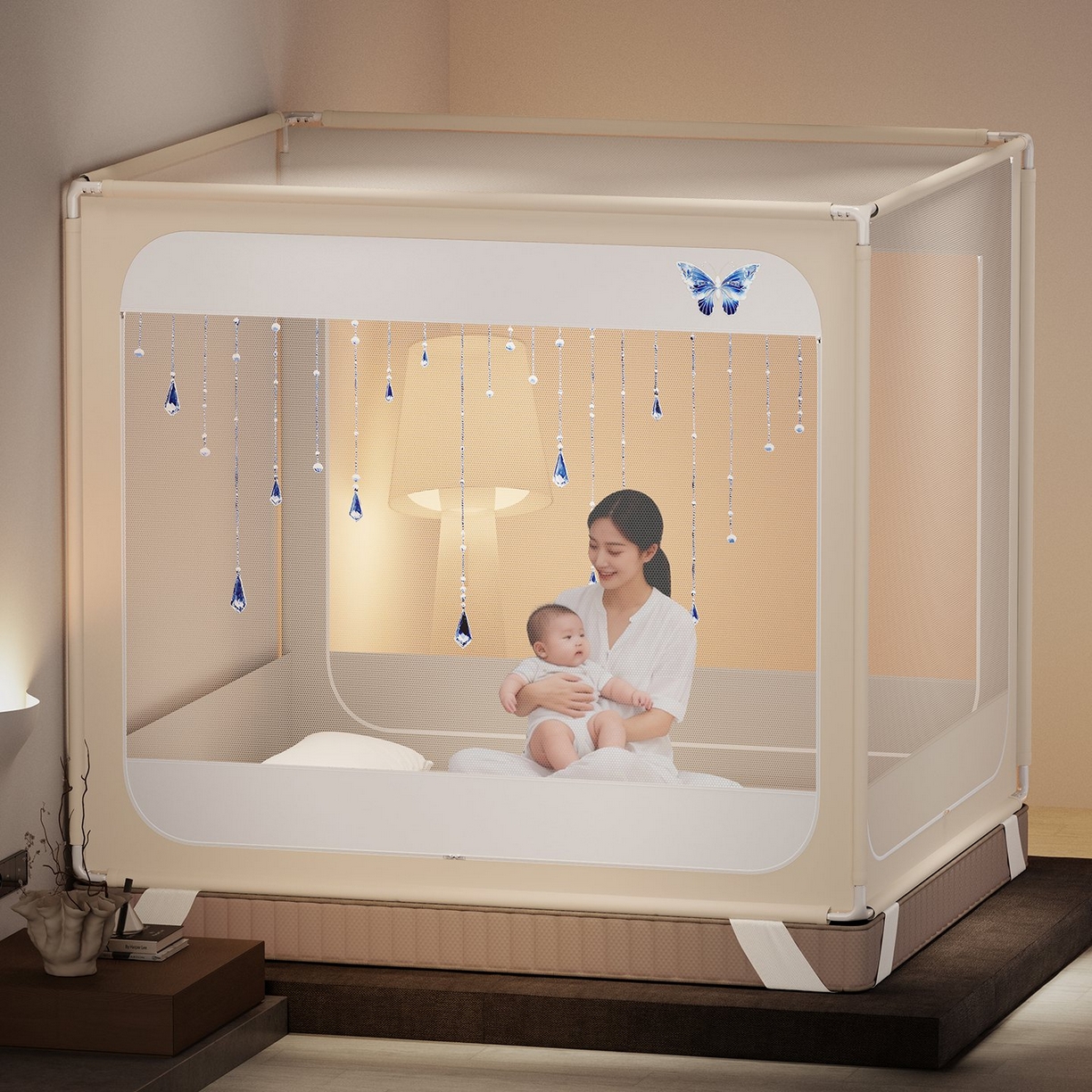 91家纺网 家纺一手货源 找家纺 星际优品 2026新款坐床蚊帐可拆卸全棉底加厚双股双丝防猫抓帐纱-吊钻款 吊钻款-米色