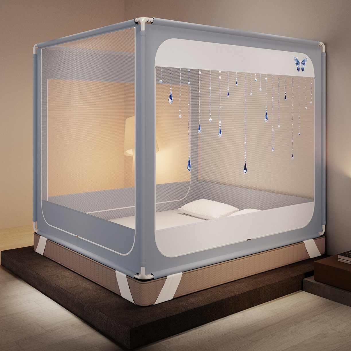 91家纺网 家纺一手货源 找家纺 星际优品 2026新款坐床蚊帐可拆卸全棉底加厚双股双丝防猫抓帐纱-吊钻款 吊钻款-灰蓝