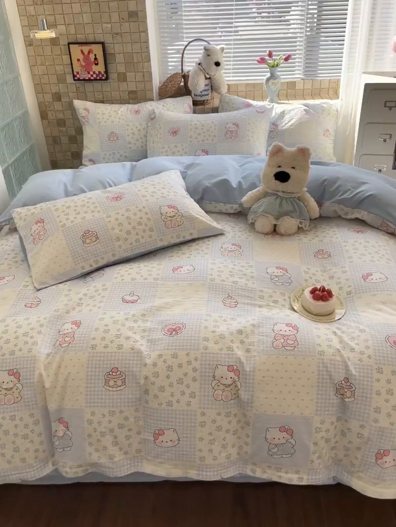 91家纺网 家纺一手货源 找家纺 川悦生活 2026新款云感双层纱木棉四件套 小猫庄园