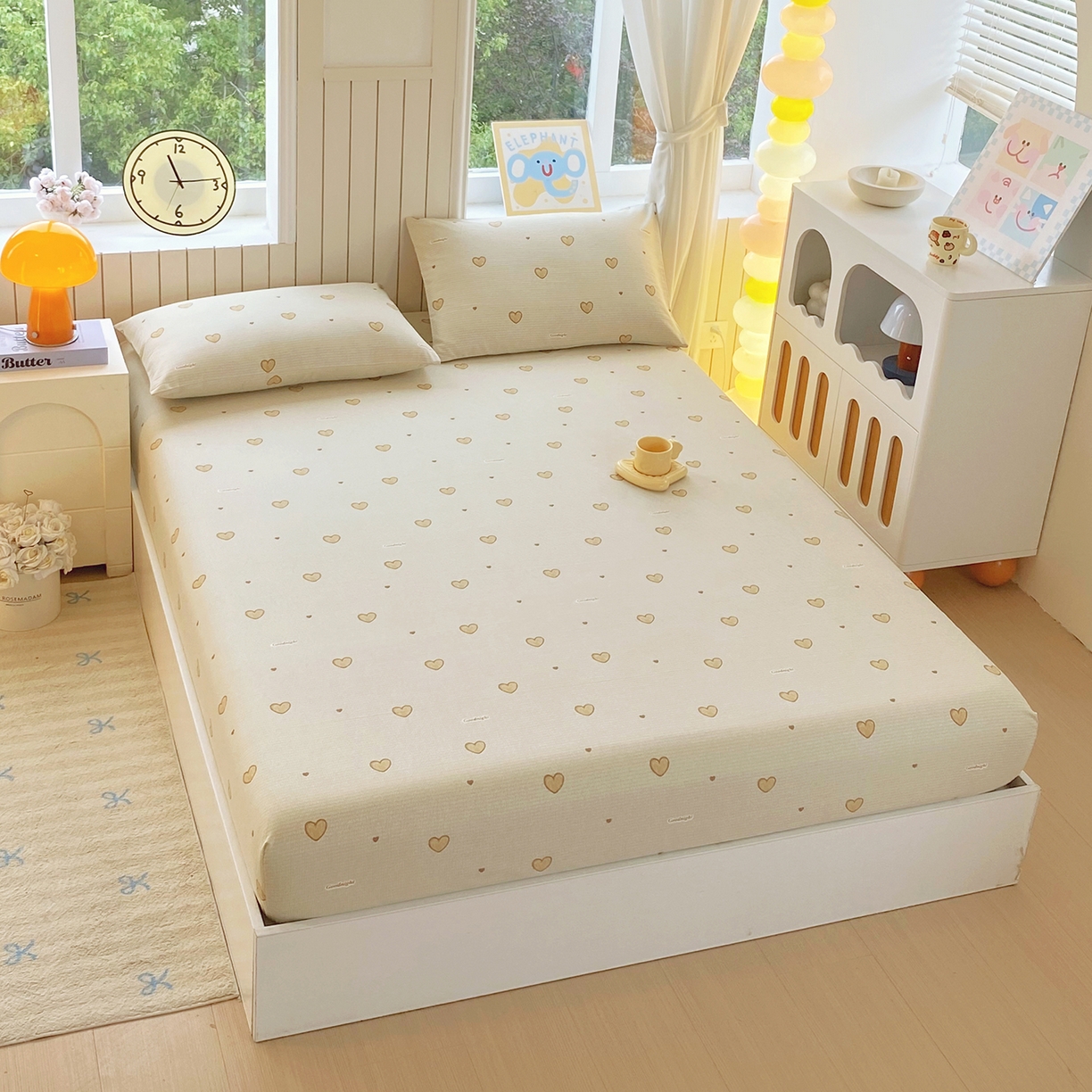 91家纺网 家纺一手货源 找家纺 悦织湾家纺 2026新款斜纹加厚水洗棉超细斜（加厚）木棉床笠-席梦思保护套 床笠-爱心浅咖