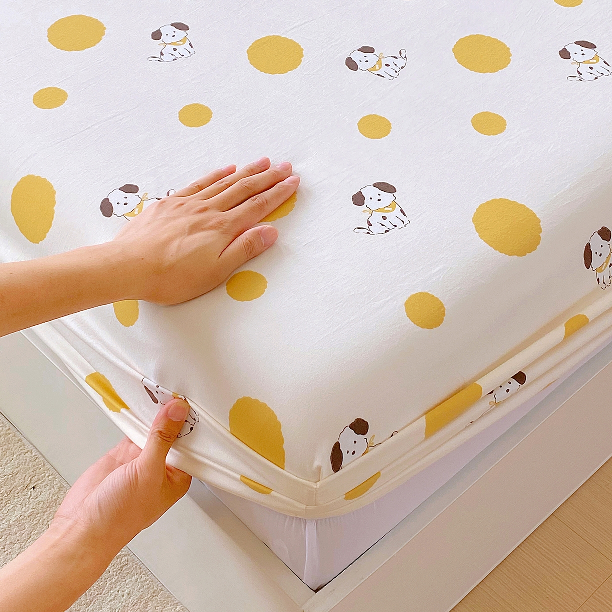 91家纺网 家纺一手货源 找家纺 悦织湾家纺 2026新款斜纹加厚水洗棉超细斜（加厚）木棉床笠-席梦思保护套 床笠-波点小狗