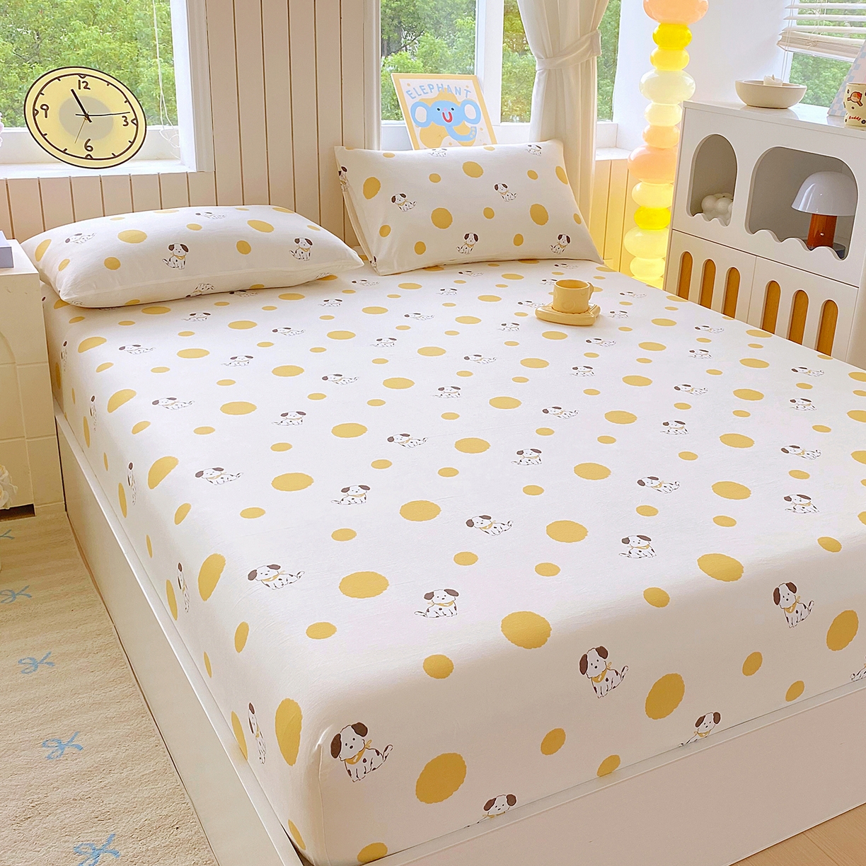 91家纺网 家纺一手货源 找家纺 悦织湾家纺 2026新款斜纹加厚水洗棉超细斜（加厚）木棉床笠-席梦思保护套 床笠-波点小狗