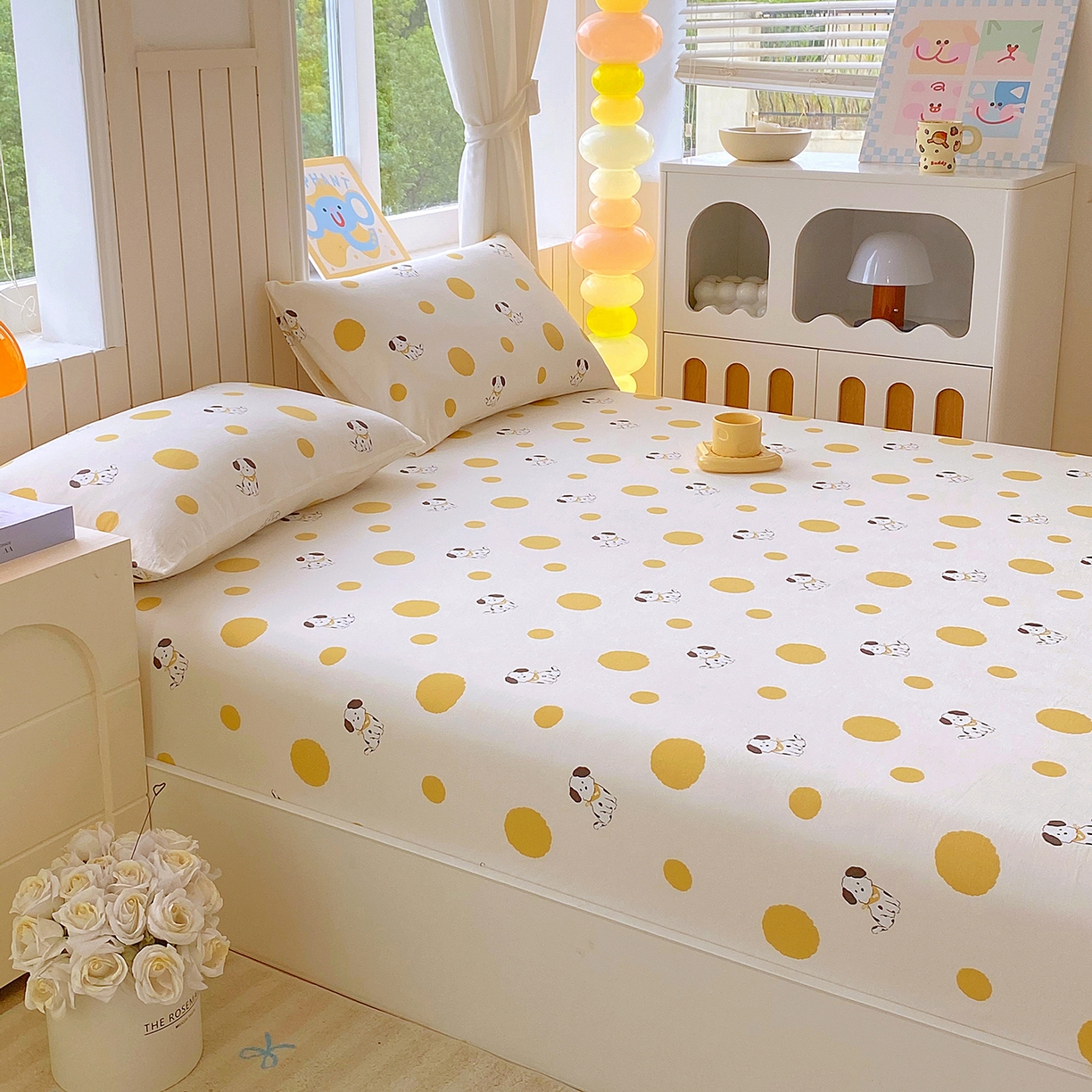 91家纺网 家纺一手货源 找家纺 悦织湾家纺 2026新款斜纹加厚水洗棉超细斜（加厚）木棉床笠-席梦思保护套 床笠-波点小狗