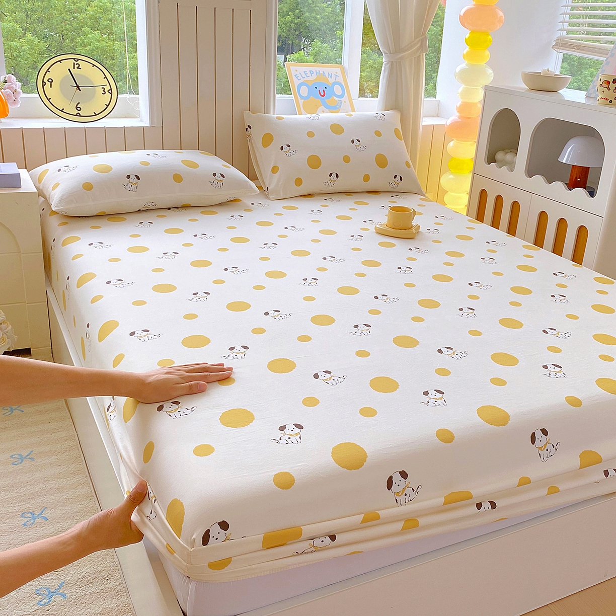 91家纺网 家纺一手货源 找家纺 悦织湾家纺 2026新款斜纹加厚水洗棉超细斜（加厚）木棉床笠-席梦思保护套 床笠-波点小狗