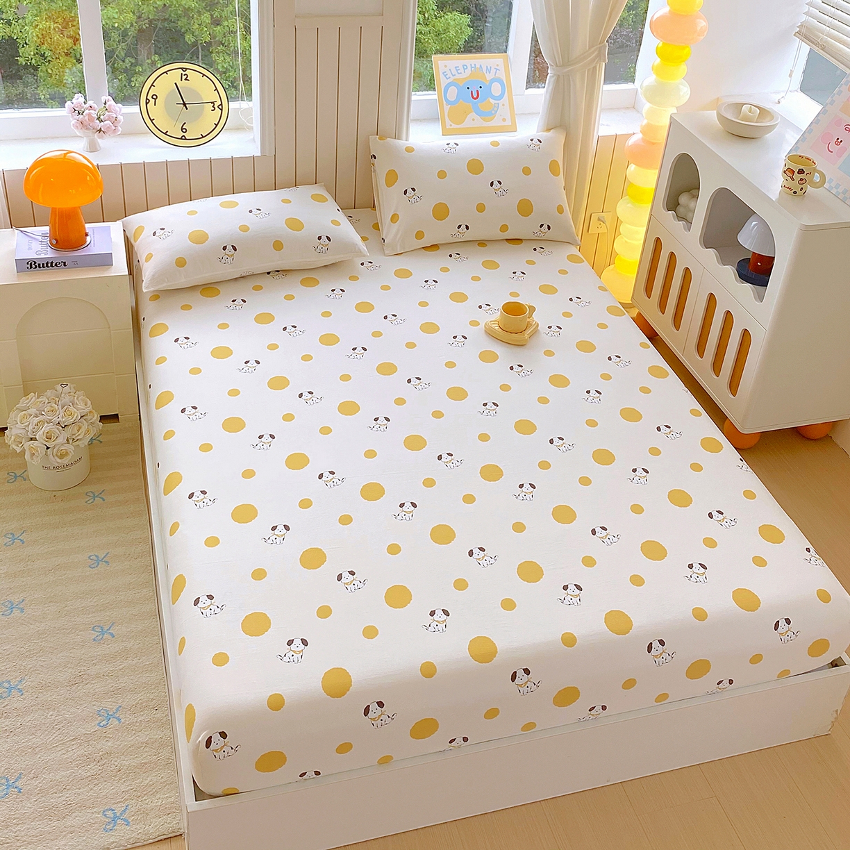 91家纺网 家纺一手货源 找家纺 悦织湾家纺 2026新款斜纹加厚水洗棉超细斜（加厚）木棉床笠-席梦思保护套 床笠-波点小狗