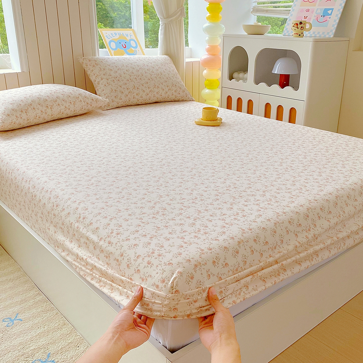 91家纺网 家纺一手货源 找家纺 悦织湾家纺 2026新款斜纹加厚水洗棉超细斜（加厚）木棉床笠-席梦思保护套 床笠-粉嫣