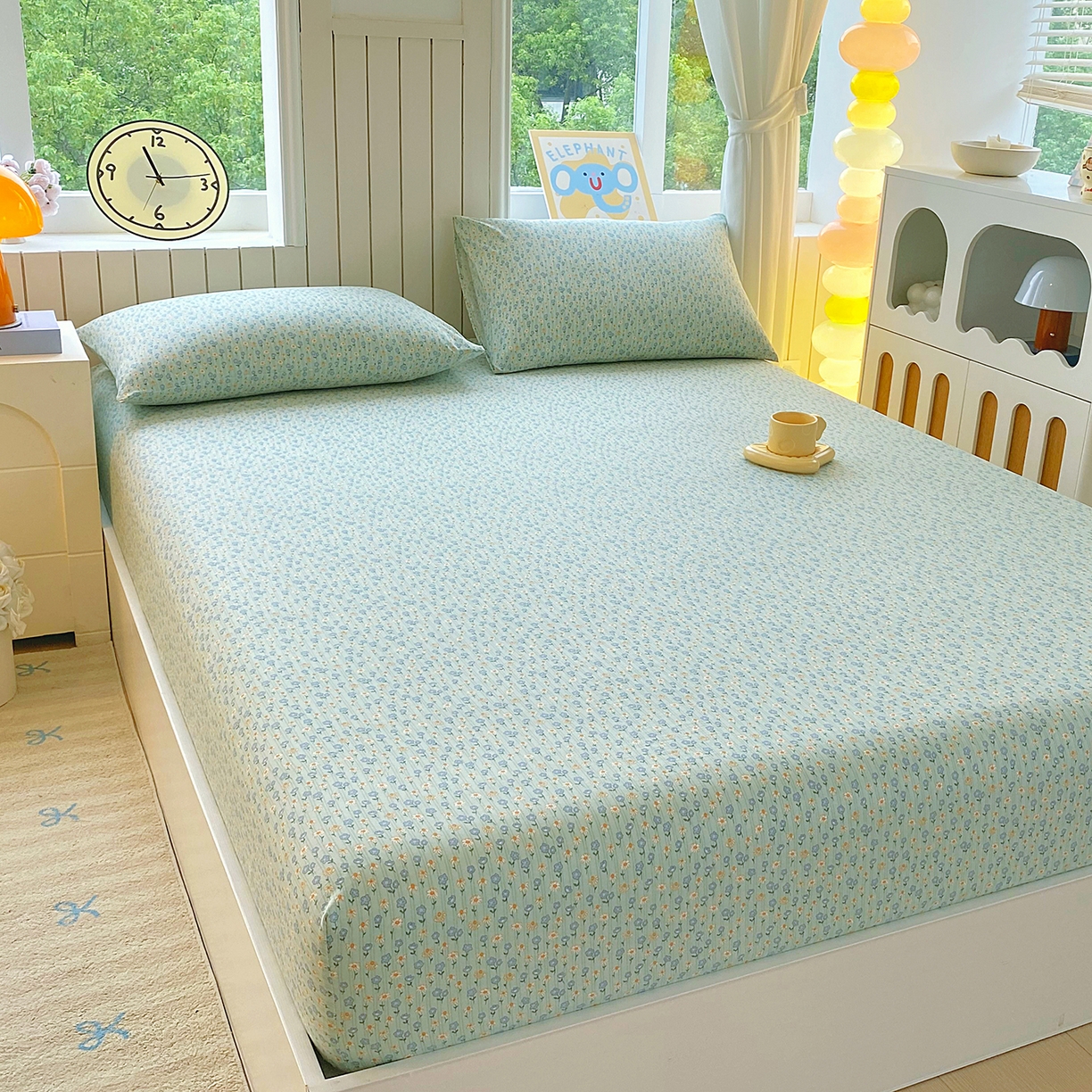 91家纺网 家纺一手货源 找家纺 悦织湾家纺 2026新款斜纹加厚水洗棉超细斜（加厚）木棉床笠-席梦思保护套 床笠-雏菊浅绿