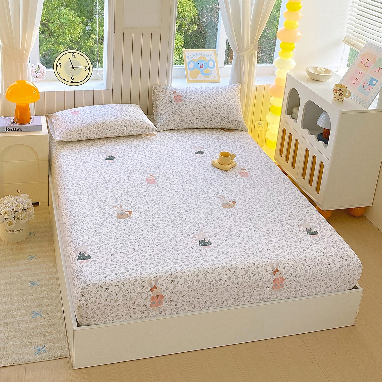 91家纺网 家纺一手货源 找家纺 悦织湾家纺 2026新款斜纹加厚水洗棉超细斜（加厚）木棉床笠-席梦思保护套 床笠-花园小兔