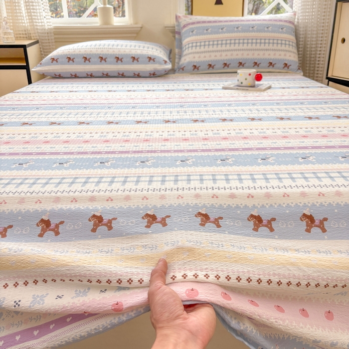 91家纺网 家纺一手货源 找家纺 （总）青泽家纺 2025新款水洗棉皱皱纱双层纱床单三件套