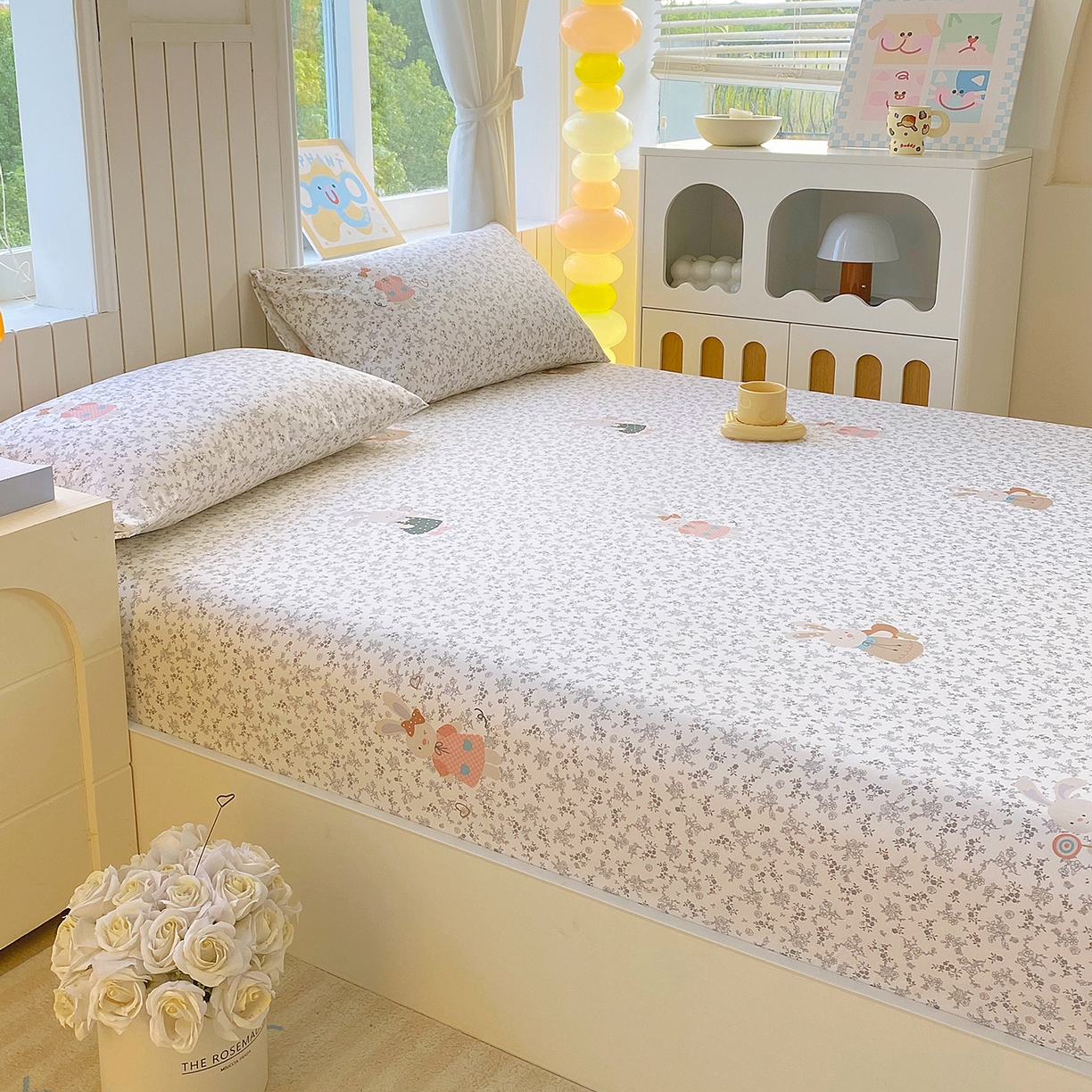 91家纺网 家纺一手货源 找家纺 悦织湾家纺 2026新款斜纹加厚水洗棉超细斜（加厚）木棉床笠-席梦思保护套 床笠-花园小兔