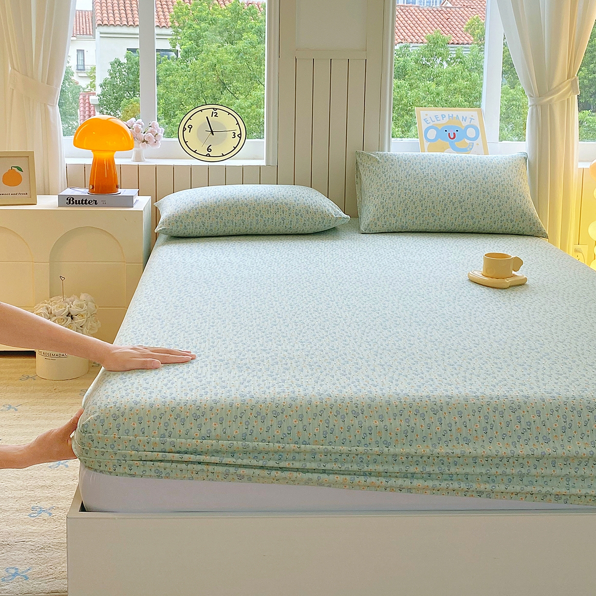 91家纺网 家纺一手货源 找家纺 悦织湾家纺 2026新款斜纹加厚水洗棉超细斜（加厚）木棉床笠-席梦思保护套 床笠-雏菊浅绿