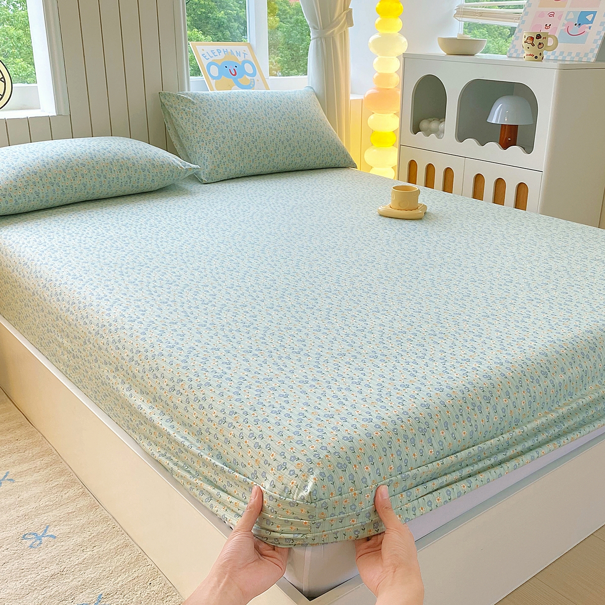 91家纺网 家纺一手货源 找家纺 悦织湾家纺 2026新款斜纹加厚水洗棉超细斜（加厚）木棉床笠-席梦思保护套 床笠-雏菊浅绿