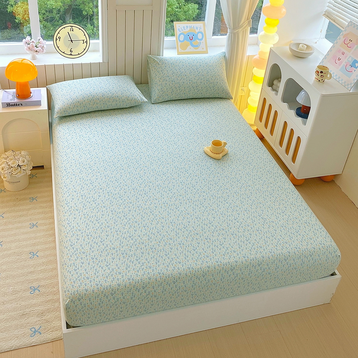 91家纺网 家纺一手货源 找家纺 悦织湾家纺 2026新款斜纹加厚水洗棉超细斜（加厚）木棉床笠-席梦思保护套 床笠-雏菊浅绿