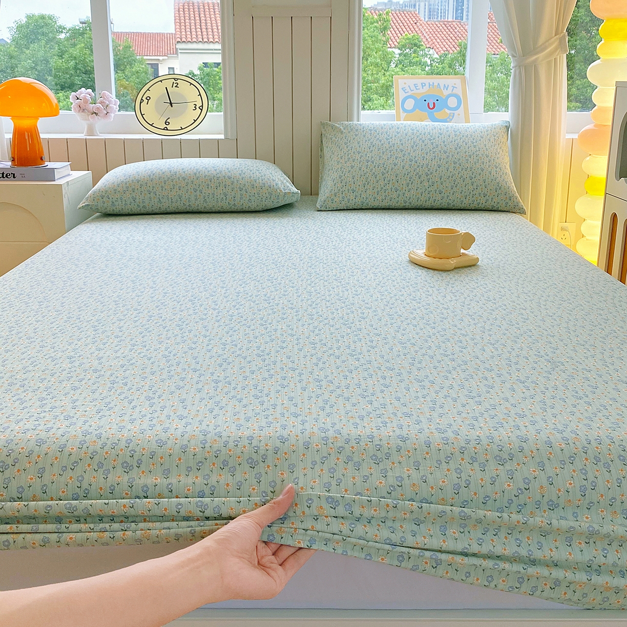 91家纺网 家纺一手货源 找家纺 悦织湾家纺 2026新款斜纹加厚水洗棉超细斜（加厚）木棉床笠-席梦思保护套 床笠-雏菊浅绿