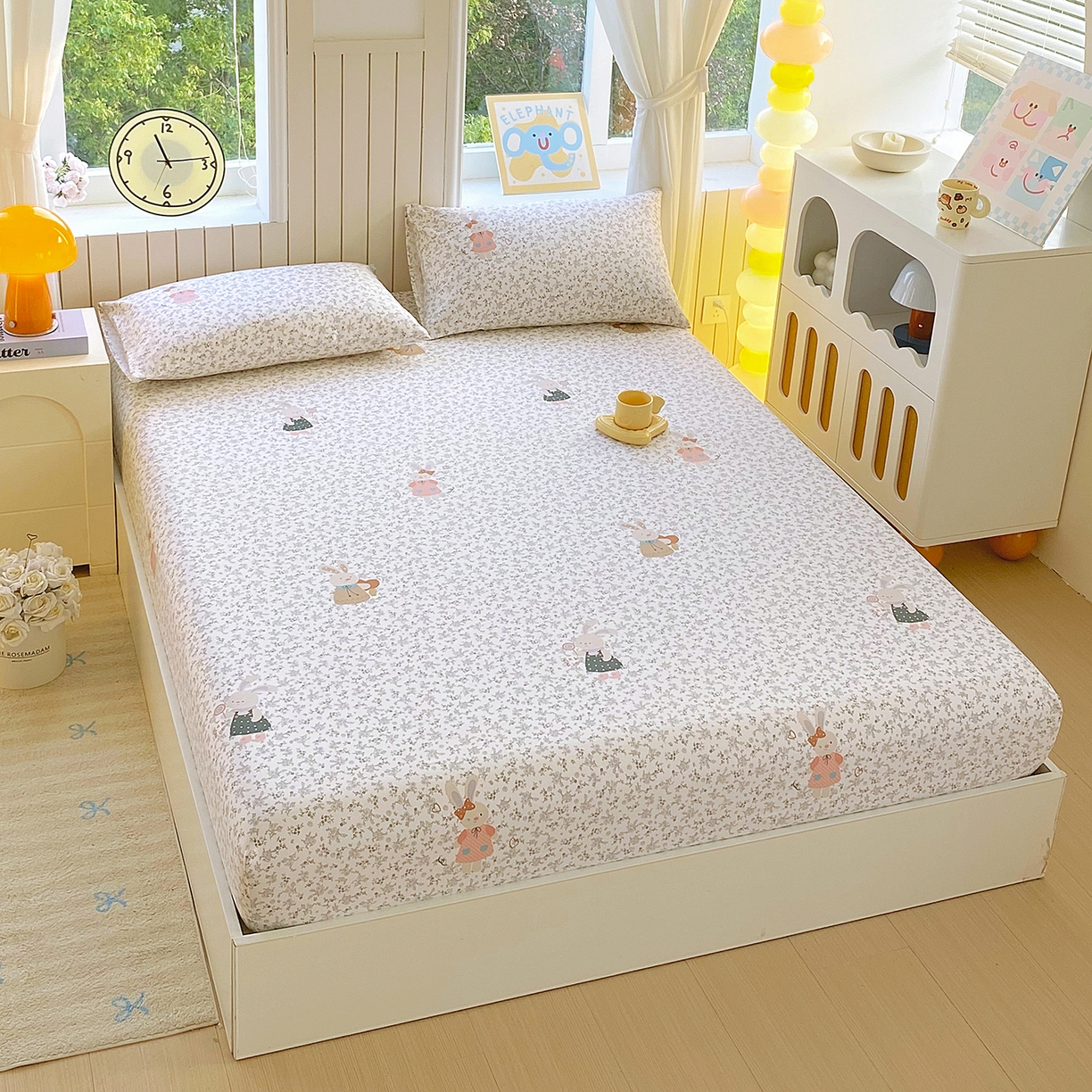 91家纺网 家纺一手货源 找家纺 悦织湾家纺 2026新款斜纹加厚水洗棉超细斜（加厚）木棉床笠-席梦思保护套 床笠-花园小兔