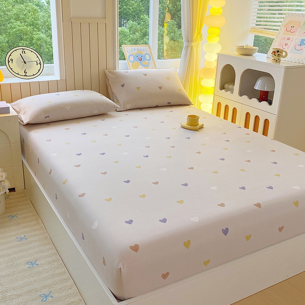 91家纺网 家纺一手货源 找家纺 悦织湾家纺 2026新款斜纹加厚水洗棉超细斜（加厚）木棉床笠-席梦思保护套 床笠-浪漫爱心