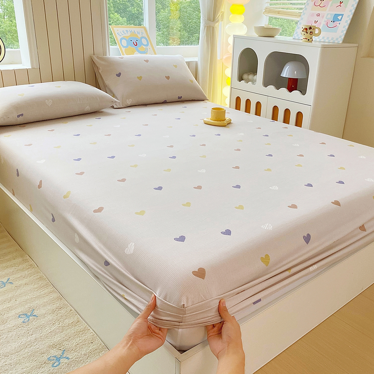 91家纺网 家纺一手货源 找家纺 悦织湾家纺 2026新款斜纹加厚水洗棉超细斜（加厚）木棉床笠-席梦思保护套 床笠-浪漫爱心