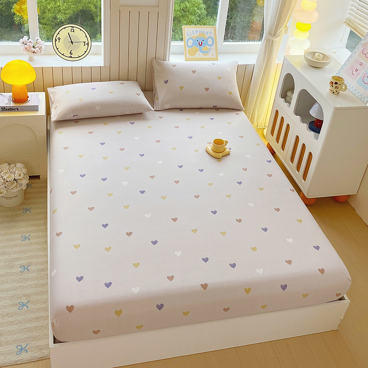 91家纺网 家纺一手货源 找家纺 悦织湾家纺 2026新款斜纹加厚水洗棉超细斜（加厚）木棉床笠-席梦思保护套 床笠-浪漫爱心