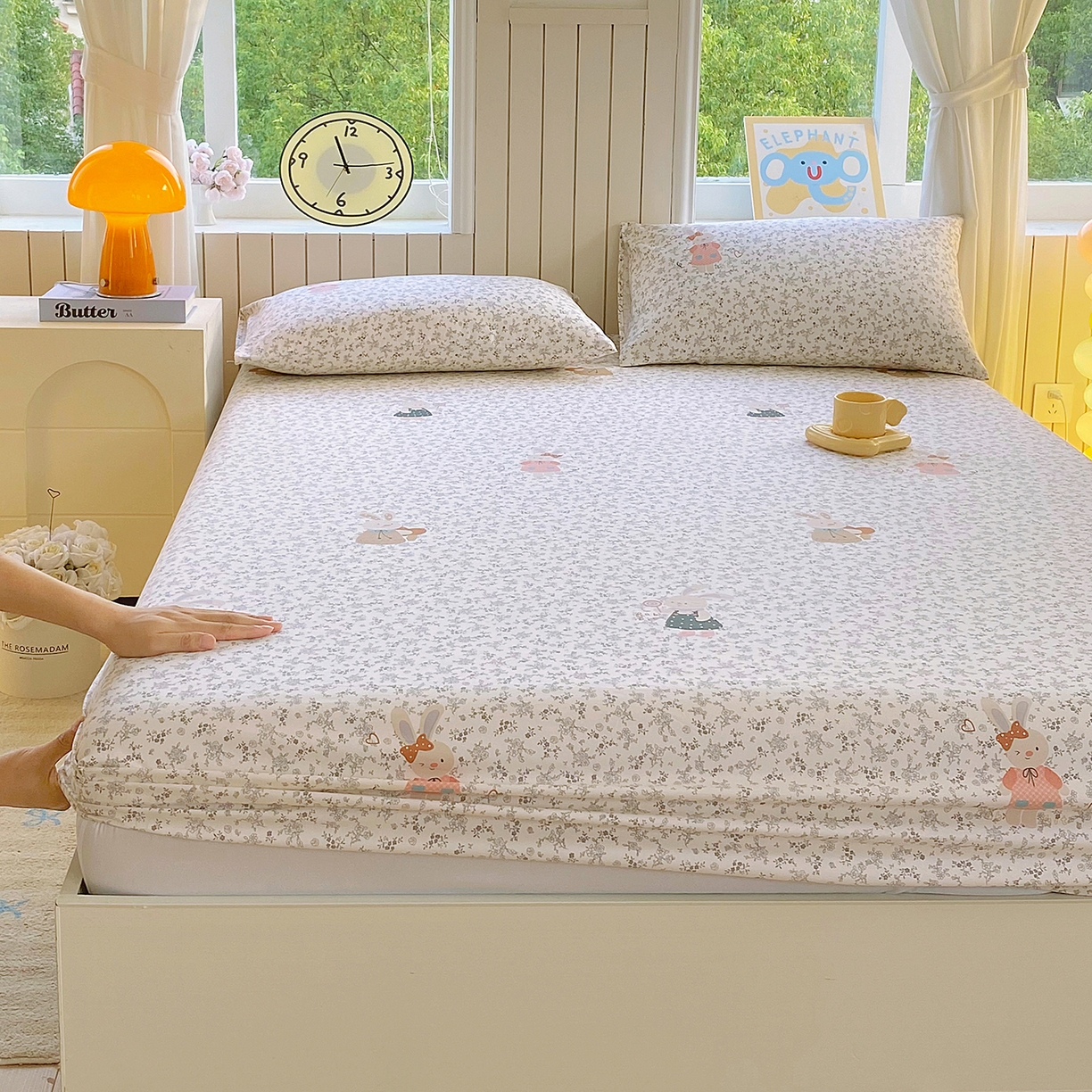 91家纺网 家纺一手货源 找家纺 悦织湾家纺 2026新款斜纹加厚水洗棉超细斜（加厚）木棉床笠-席梦思保护套 床笠-花园小兔