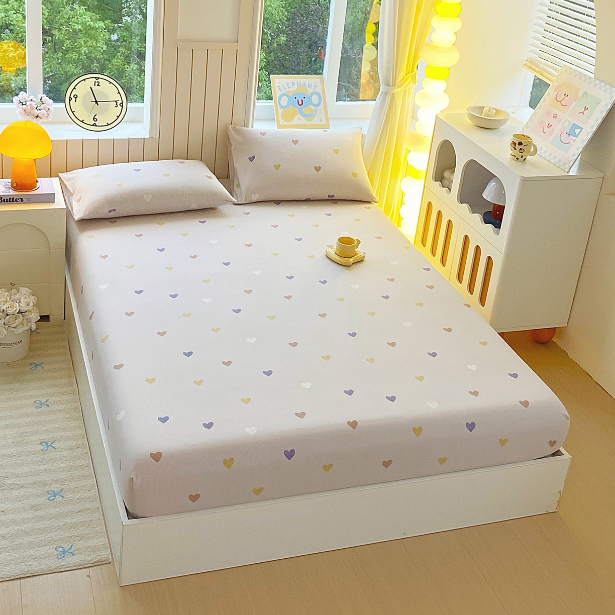 91家纺网 家纺一手货源 找家纺 悦织湾家纺 2026新款斜纹加厚水洗棉超细斜（加厚）木棉床笠-席梦思保护套 床笠-浪漫爱心