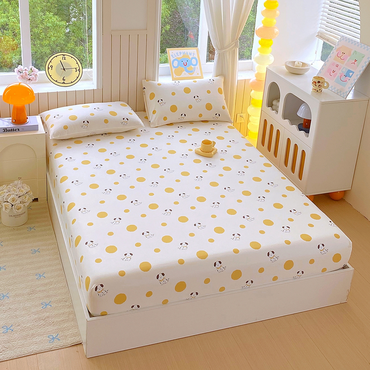 91家纺网 家纺一手货源 找家纺 悦织湾家纺 2026新款斜纹加厚水洗棉超细斜（加厚）木棉床笠-席梦思保护套 床笠-波点小狗