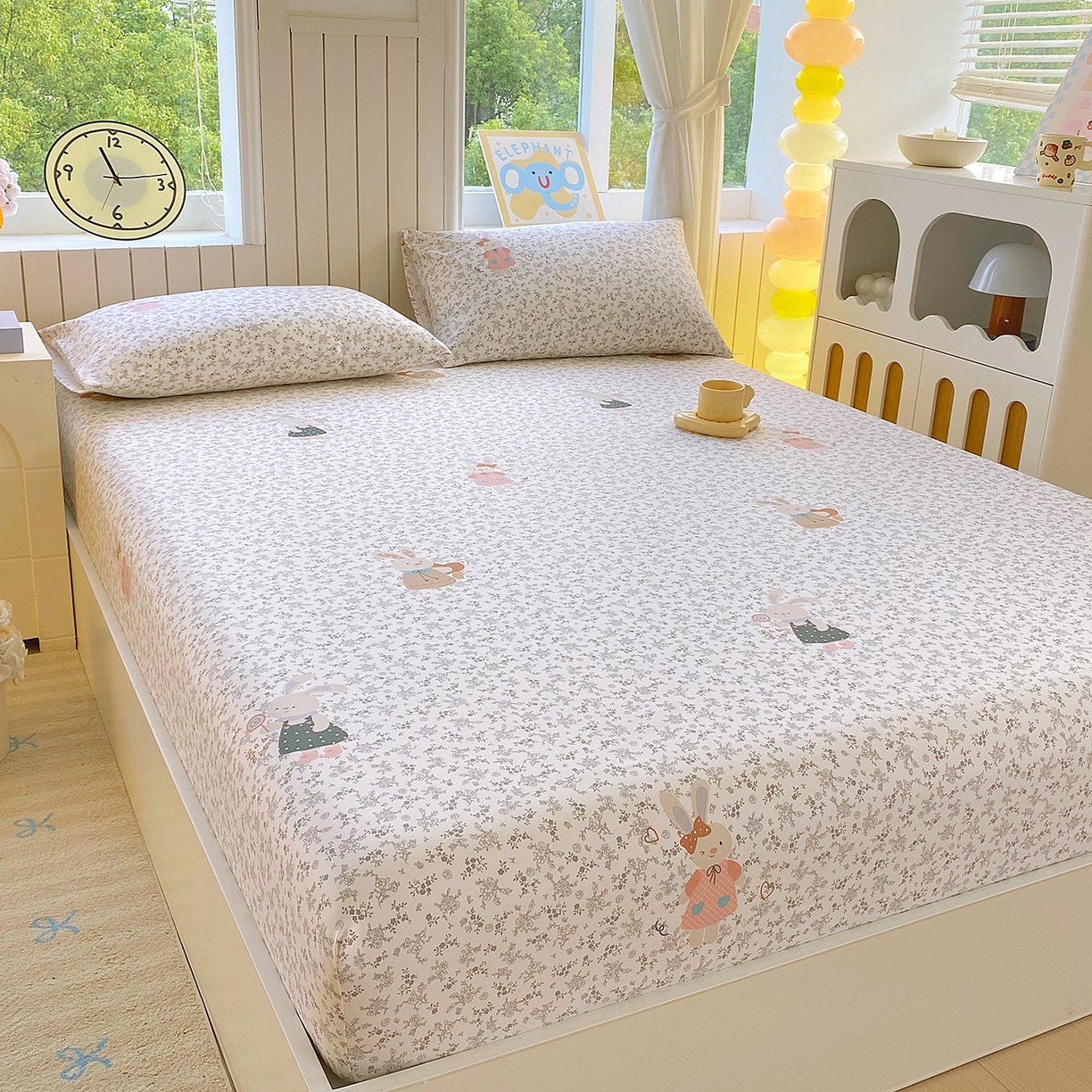 91家纺网 家纺一手货源 找家纺 悦织湾家纺 2026新款斜纹加厚水洗棉超细斜（加厚）木棉床笠-席梦思保护套 床笠-花园小兔